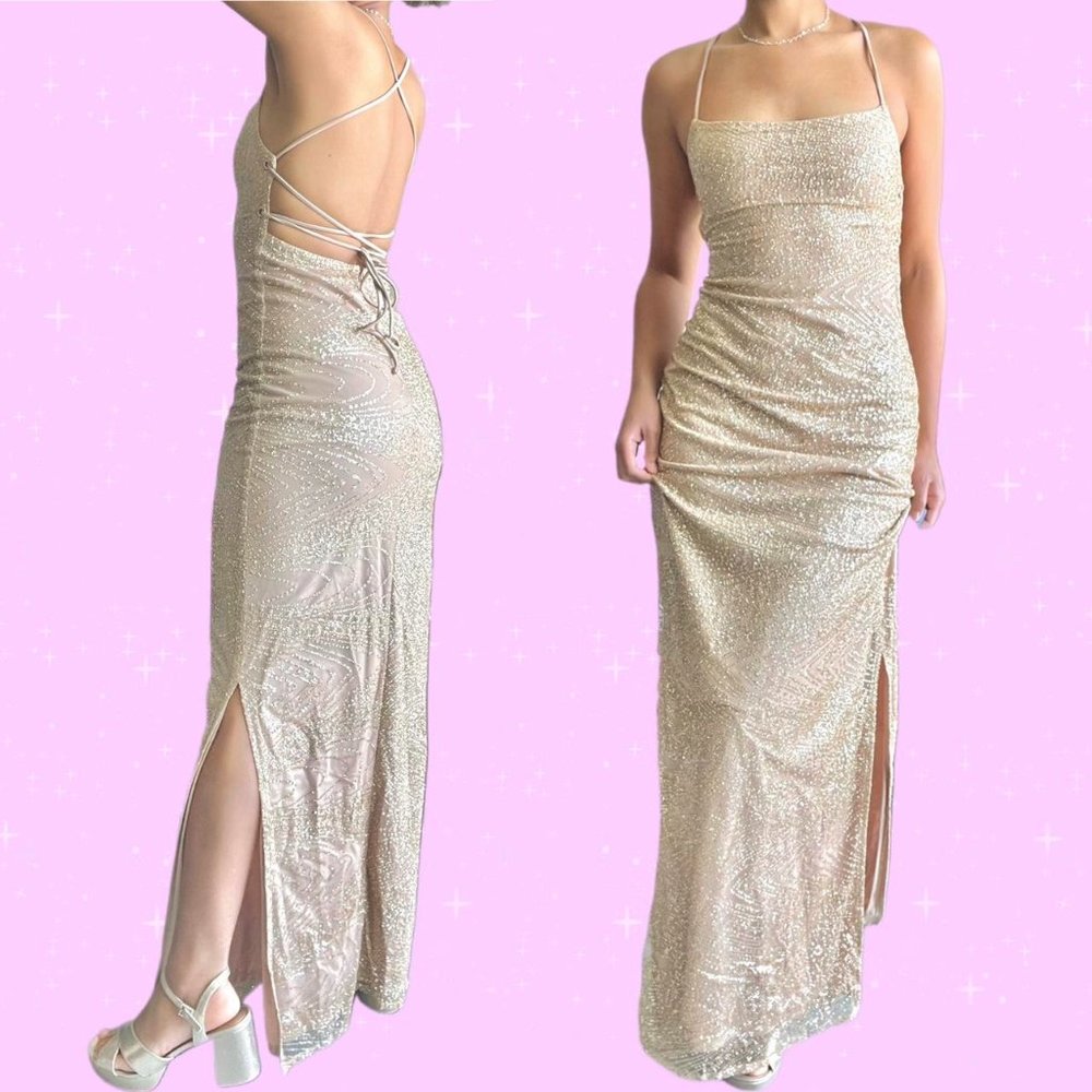 Gold Glitter Maxi Prom Formal Dress
